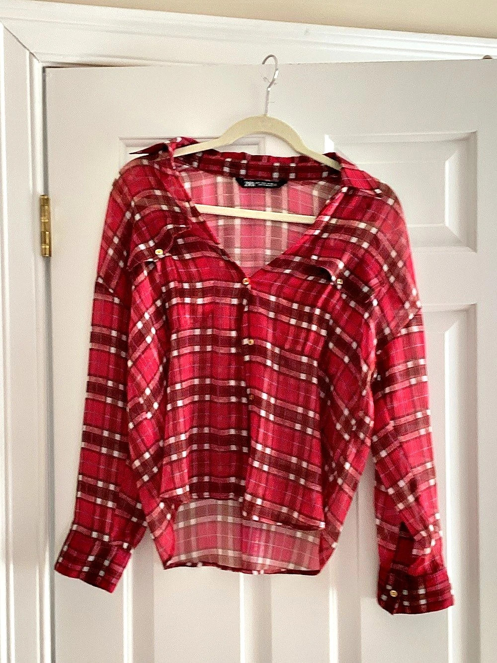 Zara Women's Plaid Button Down Shirt in Red & White